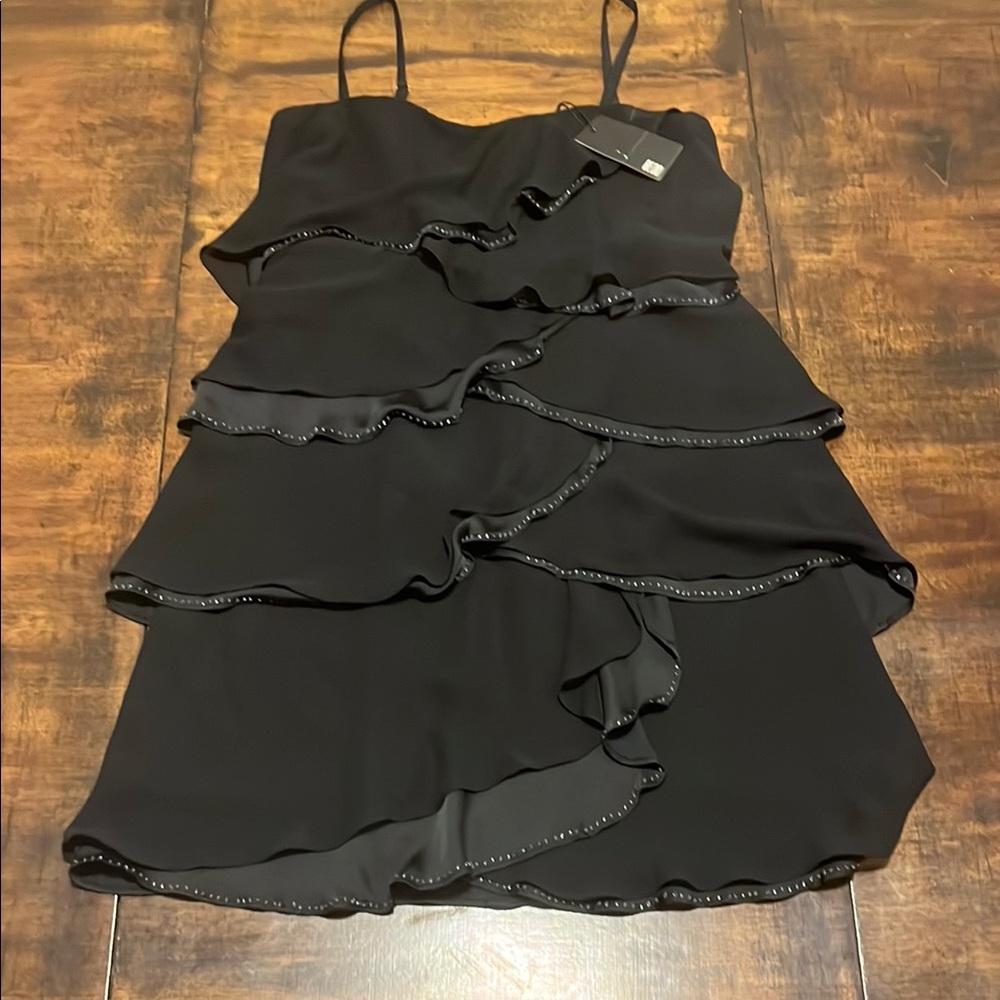 Elegant Black Ruffled & Beaded Mini Dress